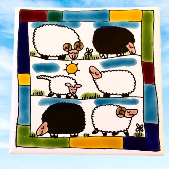 Tile Trivet Hot Plate SHEEP Hand Glazed by Team Owairaka New Zealand - Picture 4 of 11